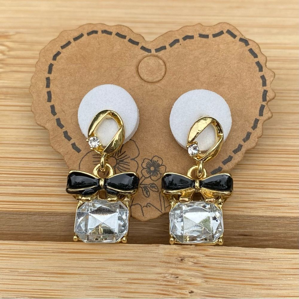 Gold Bow Drop Earrings with Black Accent and Clear Crystal